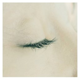 Close-up of a closed eye with long lashes, conveying a sense of relaxation, rest, or eye care.