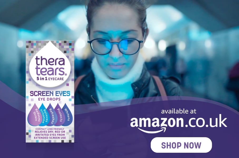 TheraTears Screen Eyes drops. Reduces strain, redness, and dryness. Available on Amazon UK.