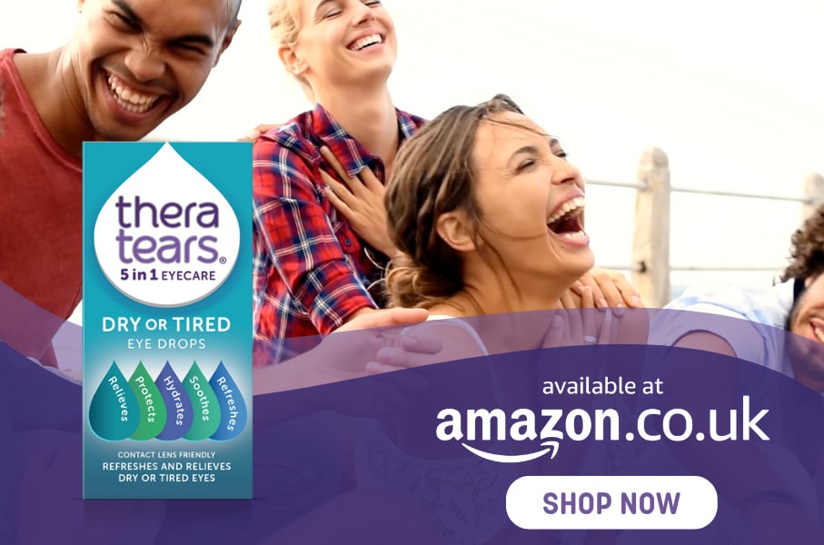 TheraTears 5-in-1 Eye Drops for dry, tired eyes, available on Amazon UK. Relieves, hydrates, and soothes.