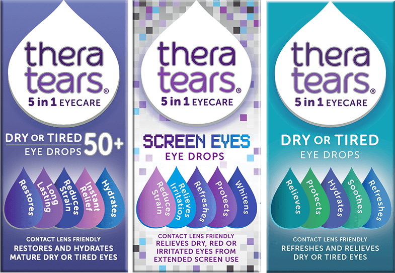 TheraTears eye drops: 50+ for mature eyes, Screen Eyes for digital strain, and Dry/Tired for daily relief.