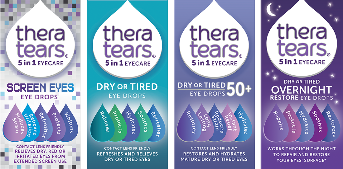 TheraTears range: Screen Eyes for digital strain, Dry/Tired for daily use, 50+ for mature eyes, and Overnight repair.