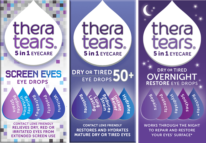 TheraTears eye drops range: Screen Eyes for screen strain, 50+ for mature eyes, and Overnight for night repair.