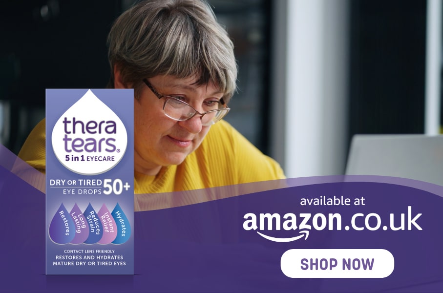 TheraTears 5-in-1 Eye Drops for 50+ dry eyes, available on Amazon UK. Restores, soothes, and hydrates.