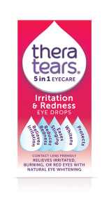 TheraTears 5-in-1 eye drops for irritation and redness relief, whitening, and protection for contact lens users.