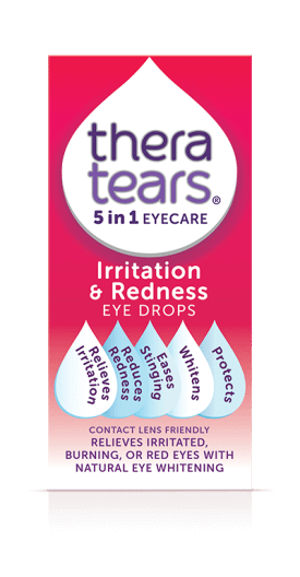 TheraTears 5-in-1 eye drops for irritation and redness relief, whitening, and protection for contact lens users.
